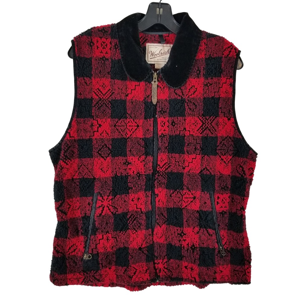 Woolrich Womens Buffalo Plaid Fleece Vest Red Black Snowflake Zip Up Large 15428